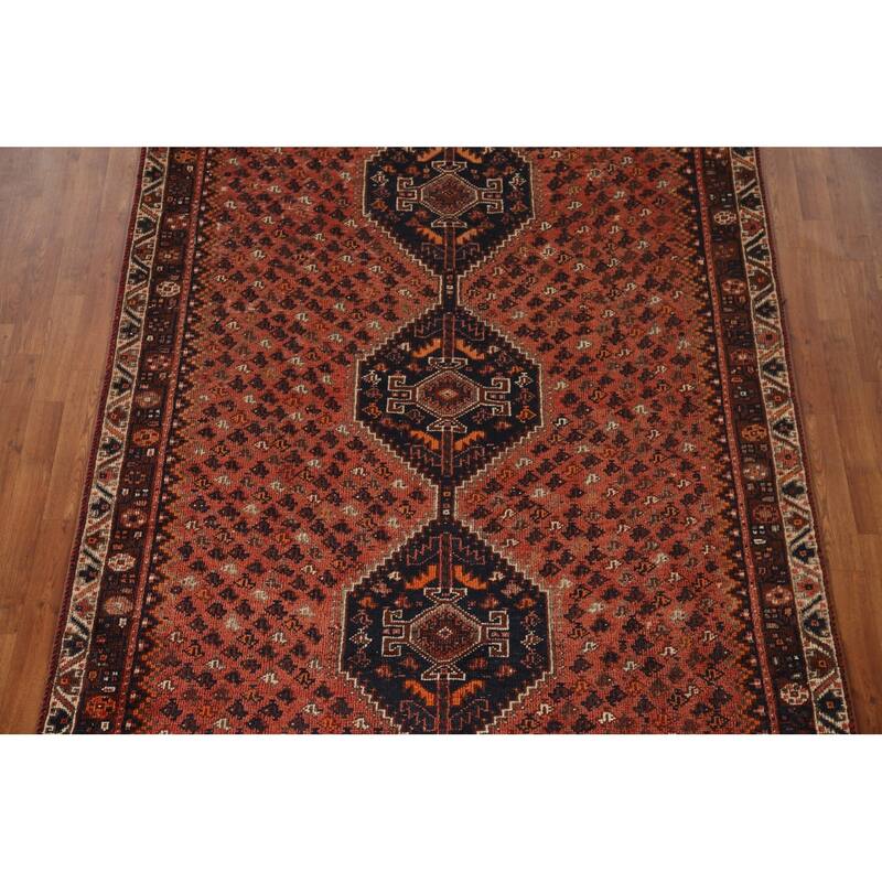 Vegetable Dye Coral Qashqai Persian Antique Rug Handmade Wool Carpet - 5'11"x 9'0"