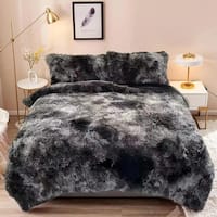 Fluffy Shaggy Comforter Set with 2 Pillowcases Queen Tie Dyed Black ...