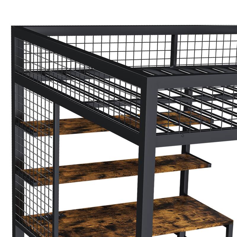 Full-Size Metal Loft Bed with Desk & Wardrobe, Built-In Staircase, Storage Shelves, Gaming/Study Bed with USB & Power Outlet