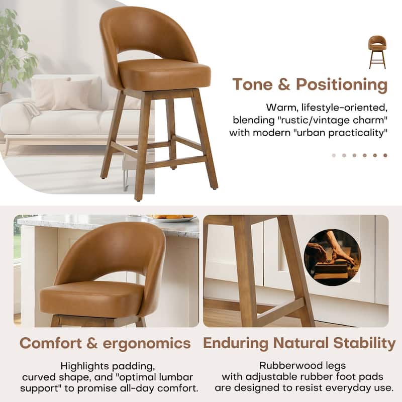 Upholstered Swivel Counter Height Bar Stools with Cutout Back and Solid Wood Frame - 38.2"H x 22.1"W x 23.6"D