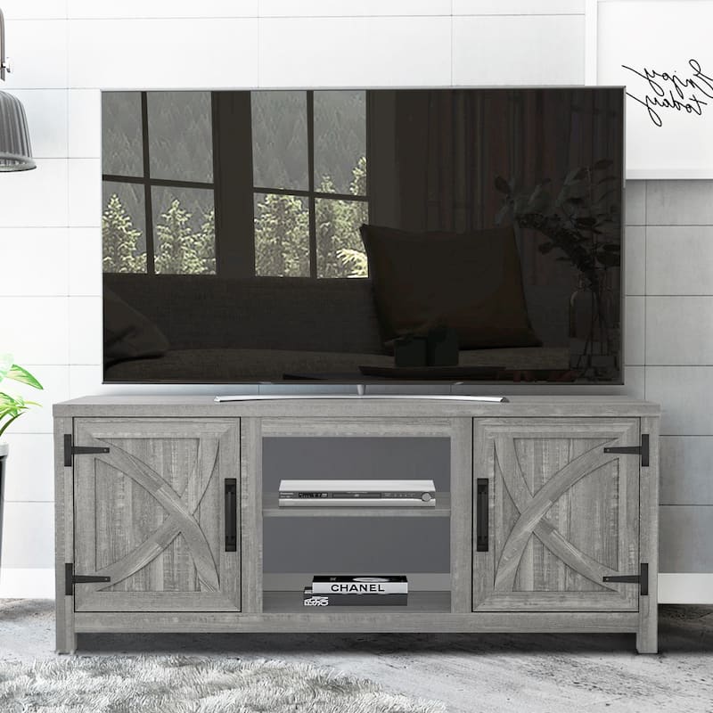58" Farmhouse Barn Door Entryway Storage Console Table TV Stand - 58 inches in width - Wood Grain Grey