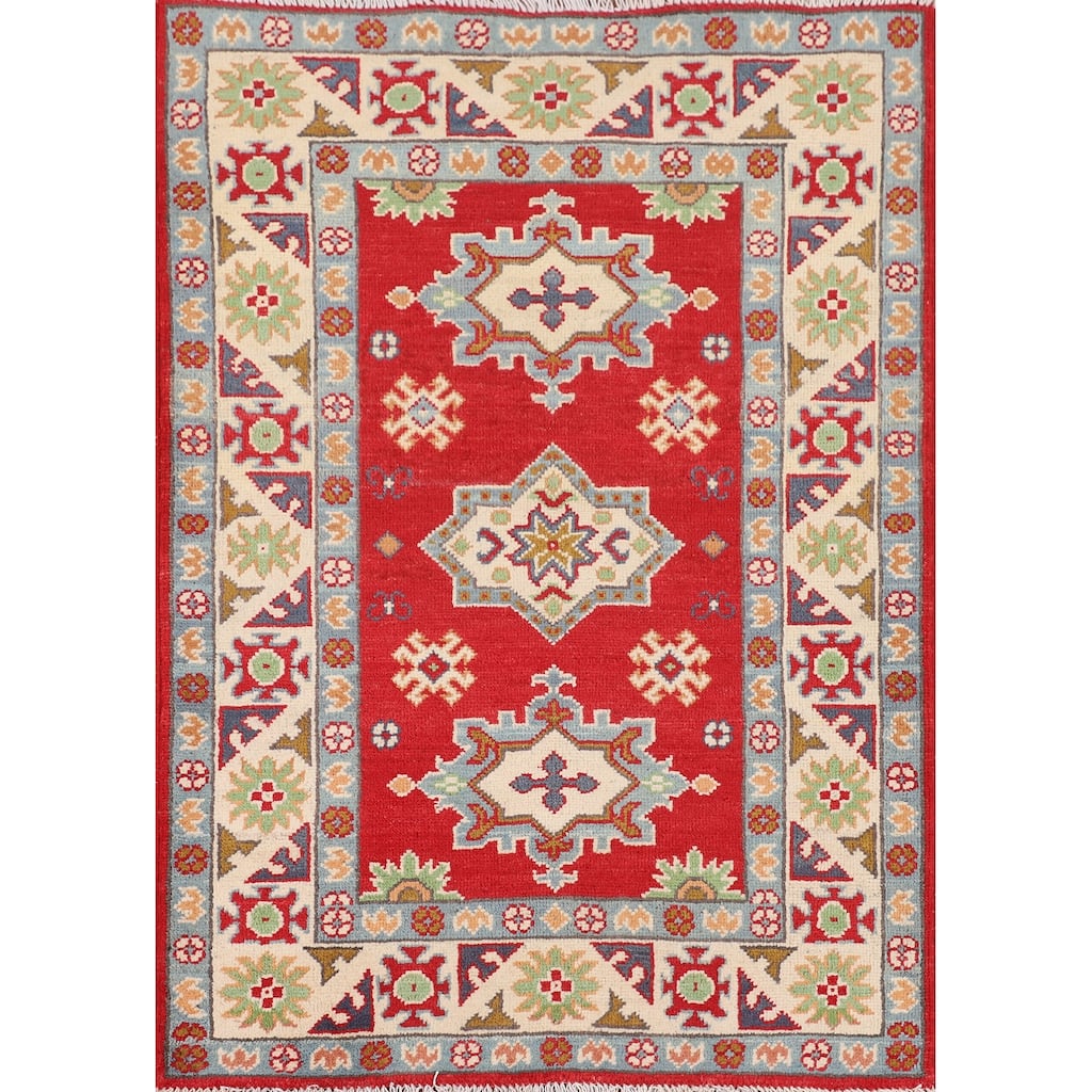 Red Kazak Accent Rug Hand-Knotted Geometric Wool Carpet - 2'8" x 3'10"