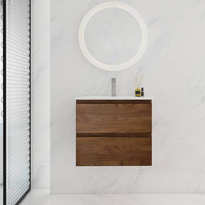 BNK 24"/30"/36'' Single Sink Bathroom Vanity with Two Soft Close Drawers - 24''W×18.3''D×20.5''H - Brown Oak