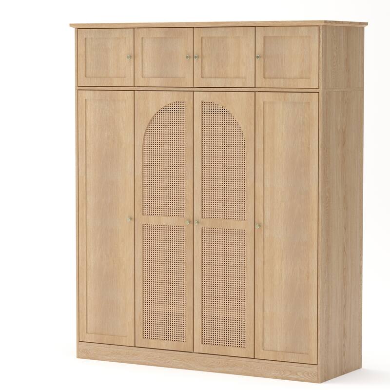 Rattan Decorative Doors Wardrobe Closet with Hanging Rod & Shelves, Large Capacity Armoire Clothing Storage Cabinet