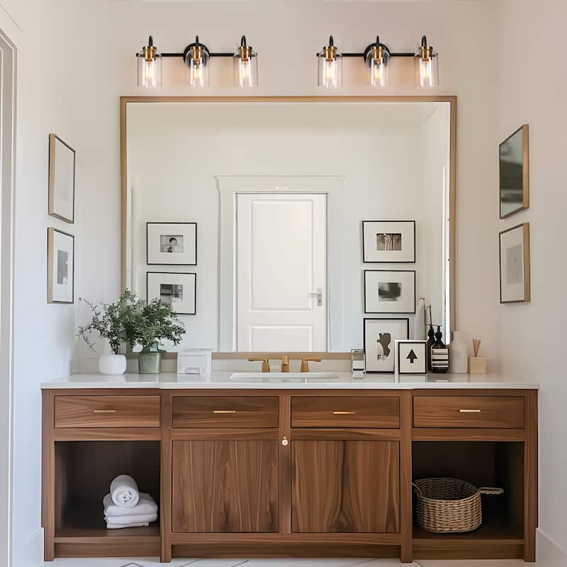 Modern Classic 3-Light Black Bathroom Vanity Light Fixture Gold Brass Wall Sconces with Cylinder Glass - 21" L x 6.5" W x 9" H
