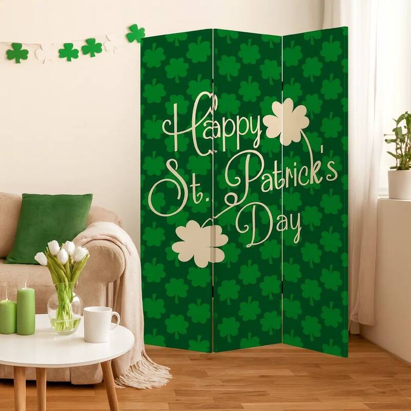 72 Inch 3 Panel Canvas St Patricks Day Print Room Divider,Green