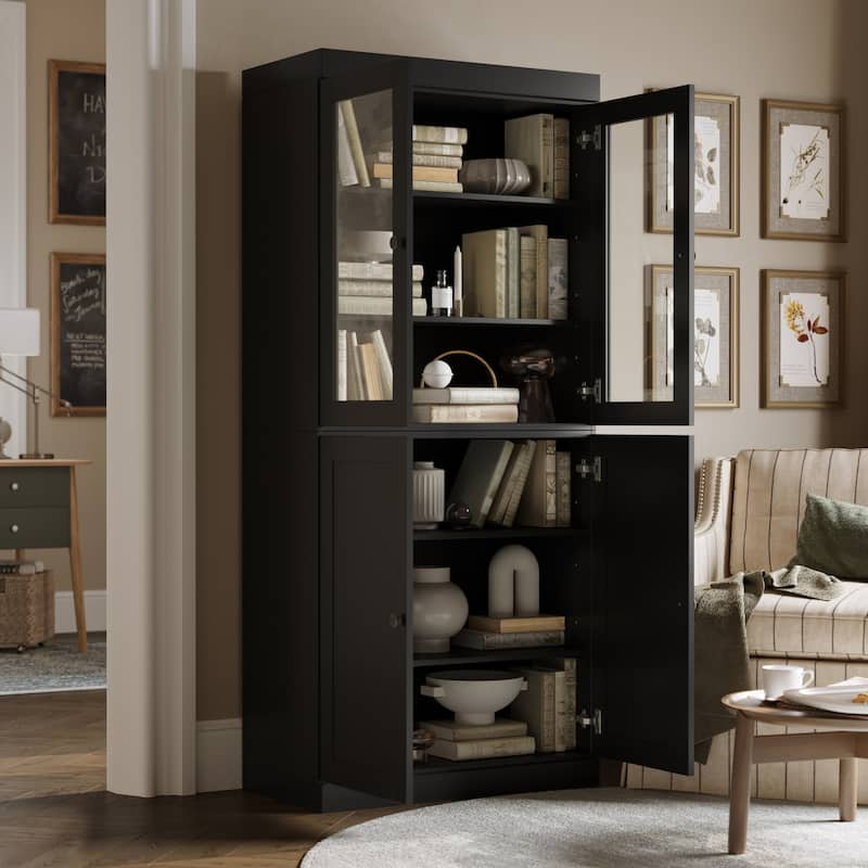Palace Imports 100% Solid Wood 6-Shelf Bookcase with Clear Glass, Shaker Doors and Adjustable Shelves
