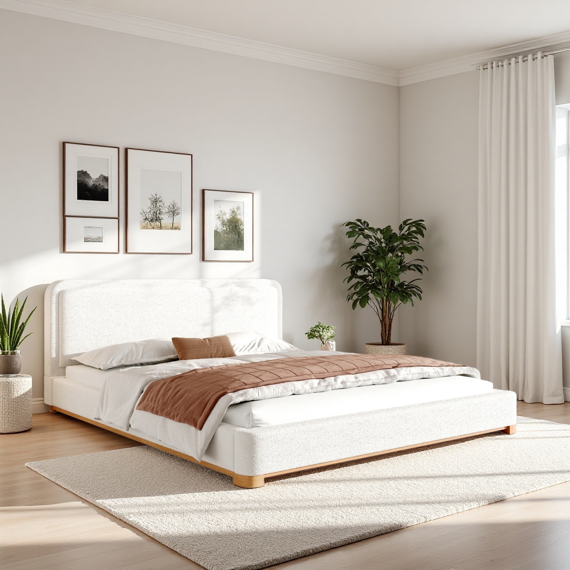 Upholstered Platform Bed Frame with Curved Headboard and Solid Wood Base