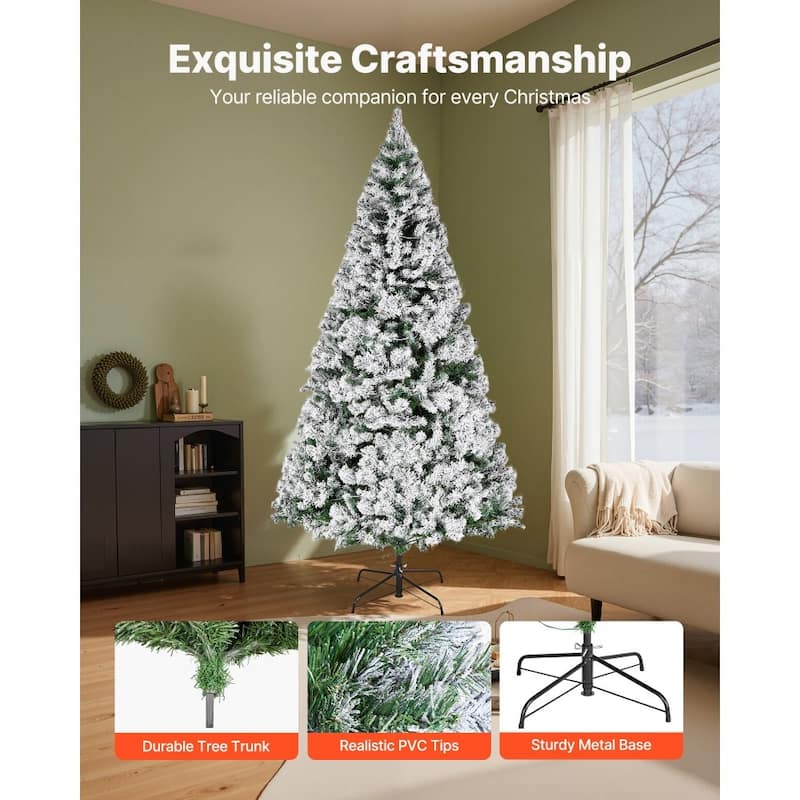 Green PVC and Iron 7.2x4.5 ft Snow Flocked Christmas Tree with 470 LED Lights - 4.5 x 7.2 ft