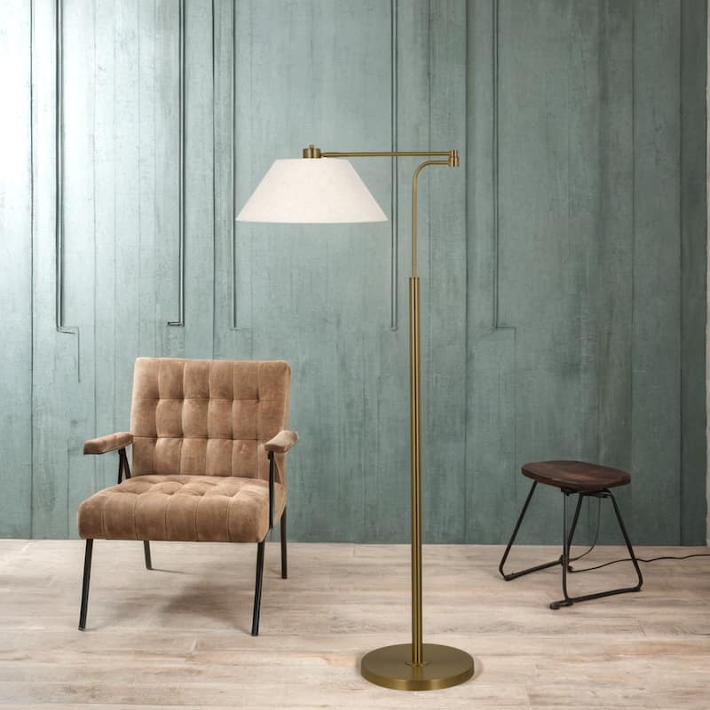 60" Metal Floor Lamp with Linen Shade, Pleating Brush Brass