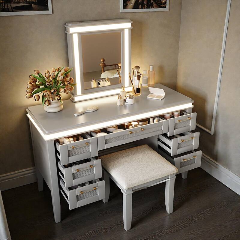 48" Makeup Vanity Desk with Mirror and Lights, 7-Drawer Dressing Table with Cushioned Stool, Classic Finish