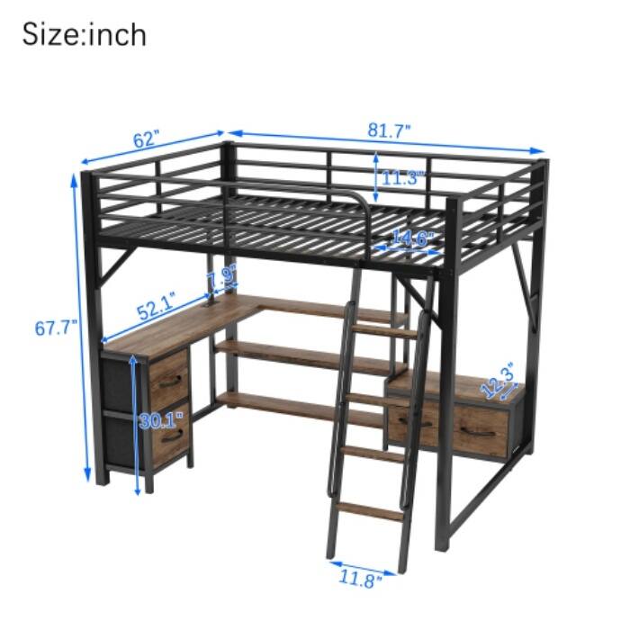 Queen/Full Loft Bed with Desk, Wardrobe & LED Lights for Teens