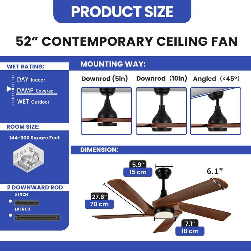 52" Ceiling Fan Lights With Remote Control and 5 Solid Wood Blades