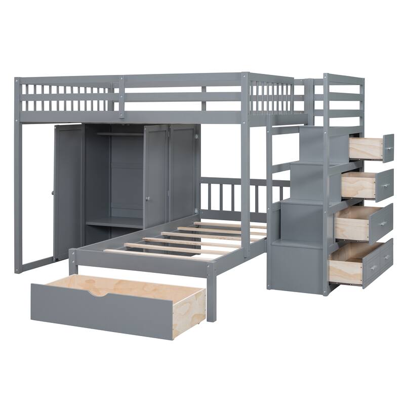 Full Over Twin Bunk Bed with Wardrobe and Drawers in Gray