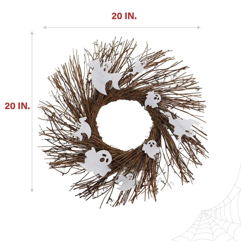 Haunted Hill Farm 20-In. Battery-Operated Natural Twig Wreath with LED Lights and Spooky Ghosts