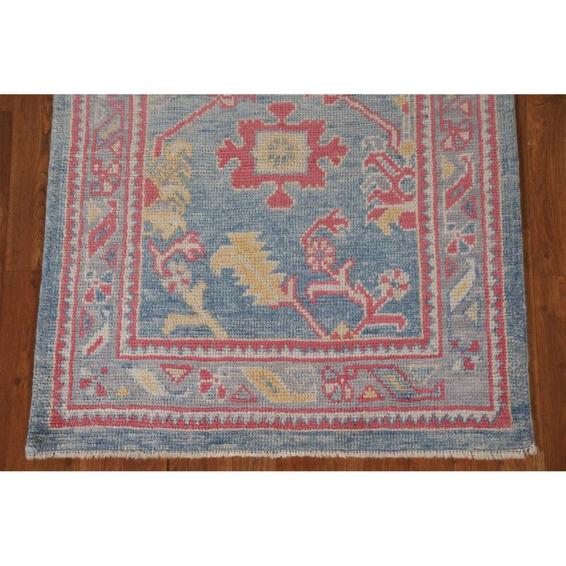 Vegetable Dye Oushak Turkish Runner Rug Handmade Floral Wool Carpet - 3'1"x 12'10"