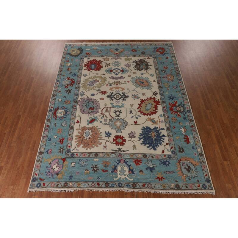 Floral Ivory & Blue Oushak Oriental Area Rug Handmade Wool Carpet - 9'0"x 11'7"