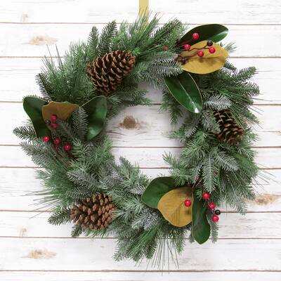 Artificial Mixed Berry Pine Cone Magnolia Leaf & Pine Christmas Wreath 24in - 24" L x 24" W x 5.5" DP