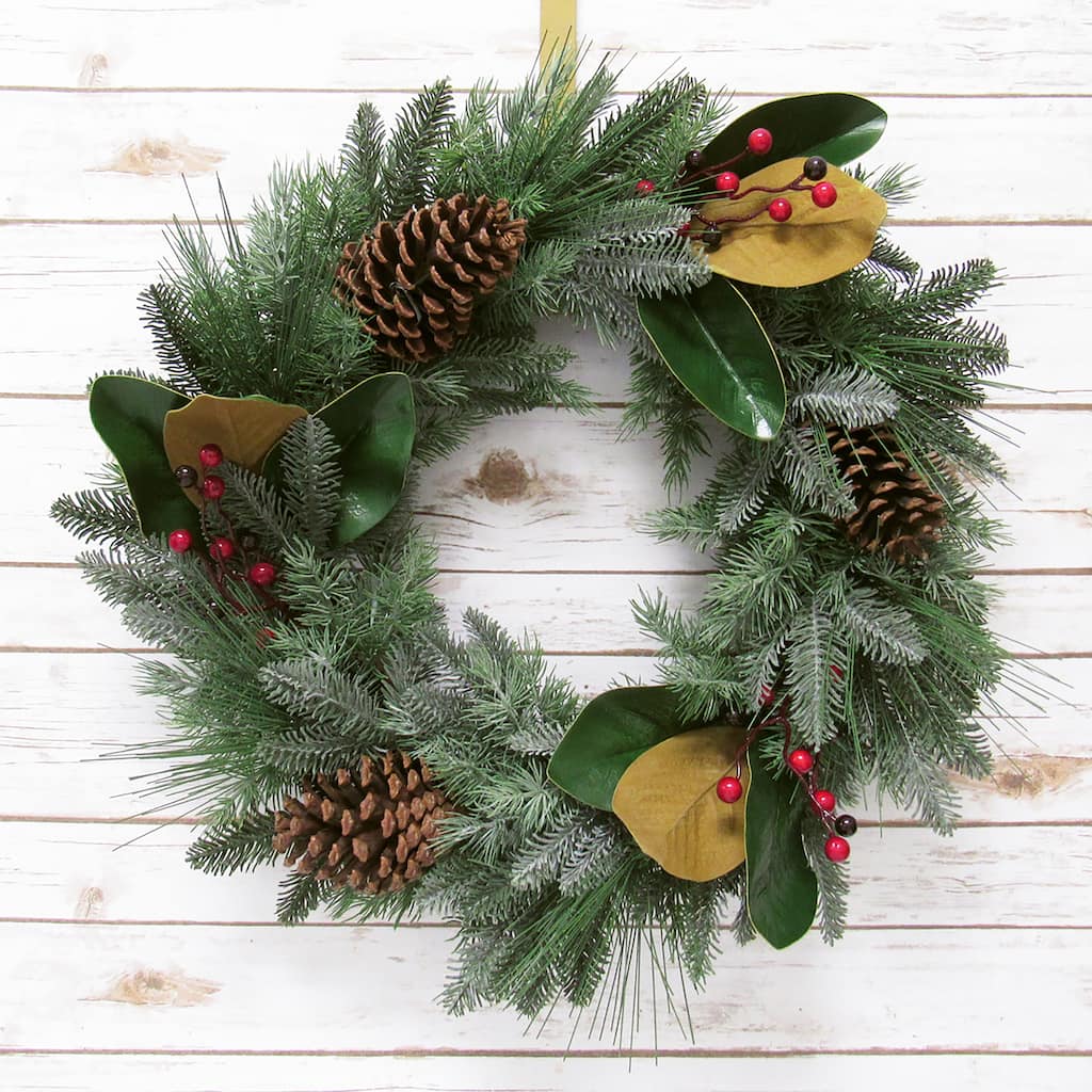 Artificial Mixed Berry Pine Cone Magnolia Leaf & Pine Christmas Wreath 24in - 24" L x 24" W x 5.5" DP