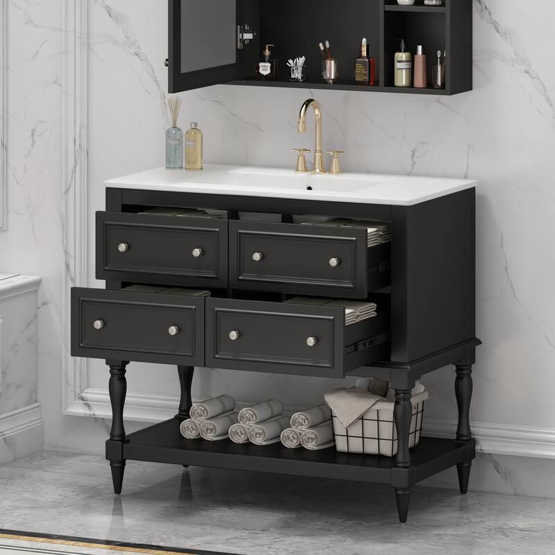 Bathroom Vanity with Ceramic Sink, Solid Wood Vanity Set with 4 Drawers, Bathroom Storage Cabinet with Open Shelf
