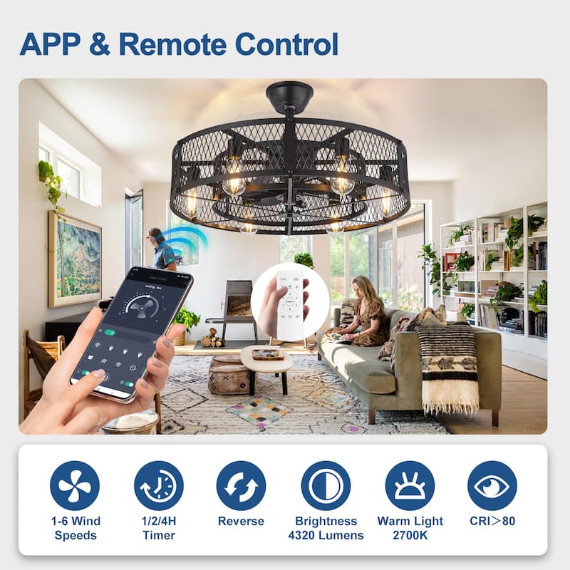 20-26" Caged outdoor Ceiling Fan with Light: Remote App Control-Farmhouse Fandelier Flush Mount Fixture Reversible 6 Speed Timer