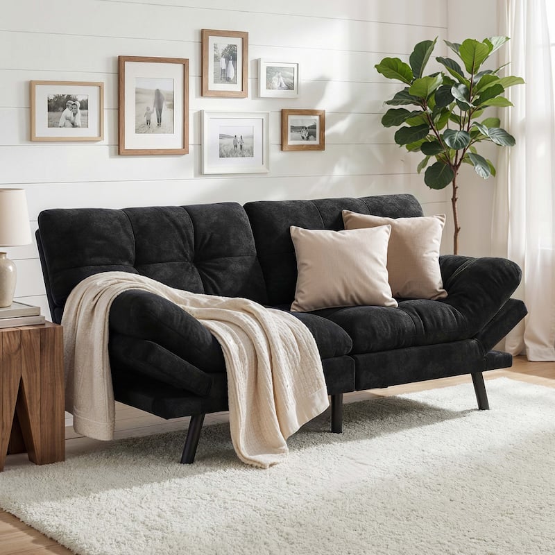 Moasis 70.8" Futon Sofa Bed Convertible Upholstered Couch Sleeper with Reclining Sleeper Split Tufted Back - Black