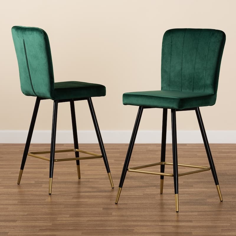 Preston Modern Luxe and Glam Velvet Fabric Upholstered Black and Gold Finished Metal 2-Piece Bar Stool Set