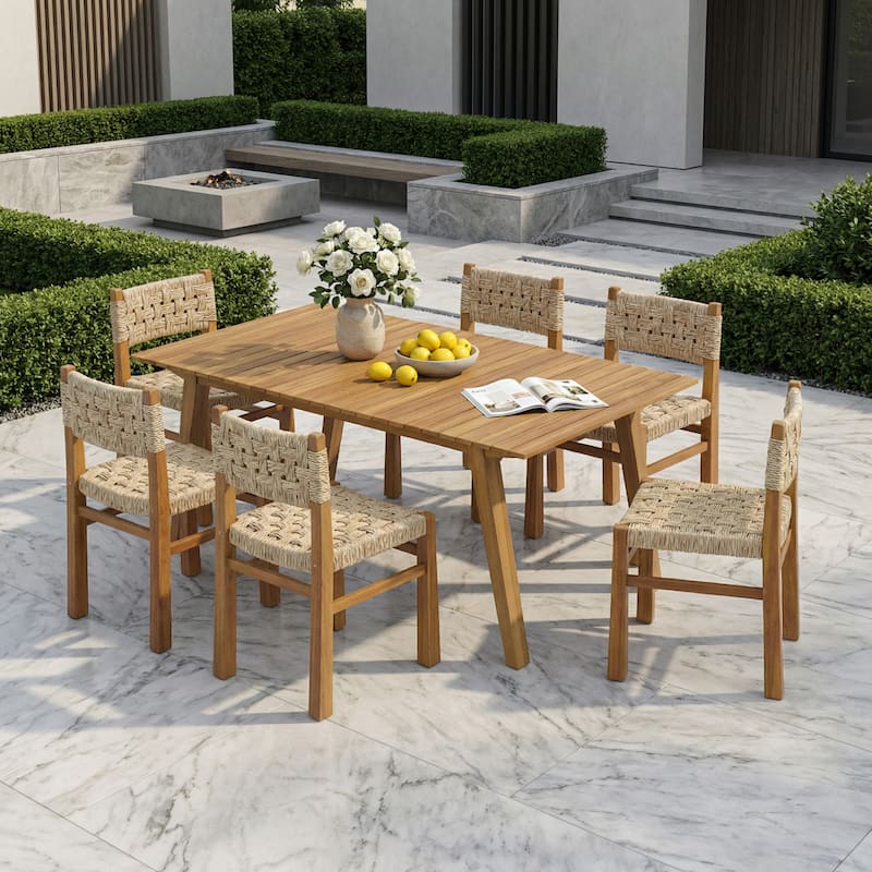 Christopher Knight Home - Orelia 7-Piece Outdoor Acacia Wood Dining Set with Woven Wicker Chairs & 68.5" Rectangular Slat Table - Light Grey+Teak Finish