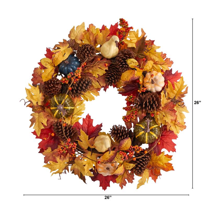 Maple Leaves and Pumpkin Artificial Fall Harvest Wreath - 26" - Unlit