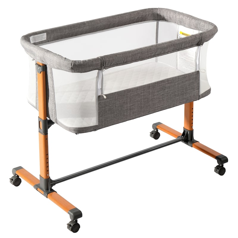 Grey 150D Encrypted Cationic Fabric Portable Baby Cradle with Iron Frame and Wheels - 92 x 55 x 85cm