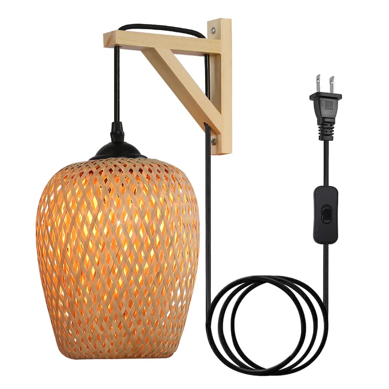 Modern Bamboo Plug in Wall Light Fixture with Switch - Farmhouse Hand Woven Rattan Drop-Shaped Wicker lampshade for Living Room - Yellow