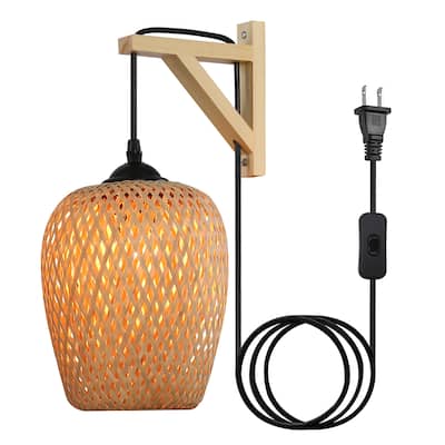 Modern Bamboo Plug in Wall Light Fixture with Switch - Farmhouse Hand Woven Rattan Drop-Shaped Wicker lampshade for Living Room