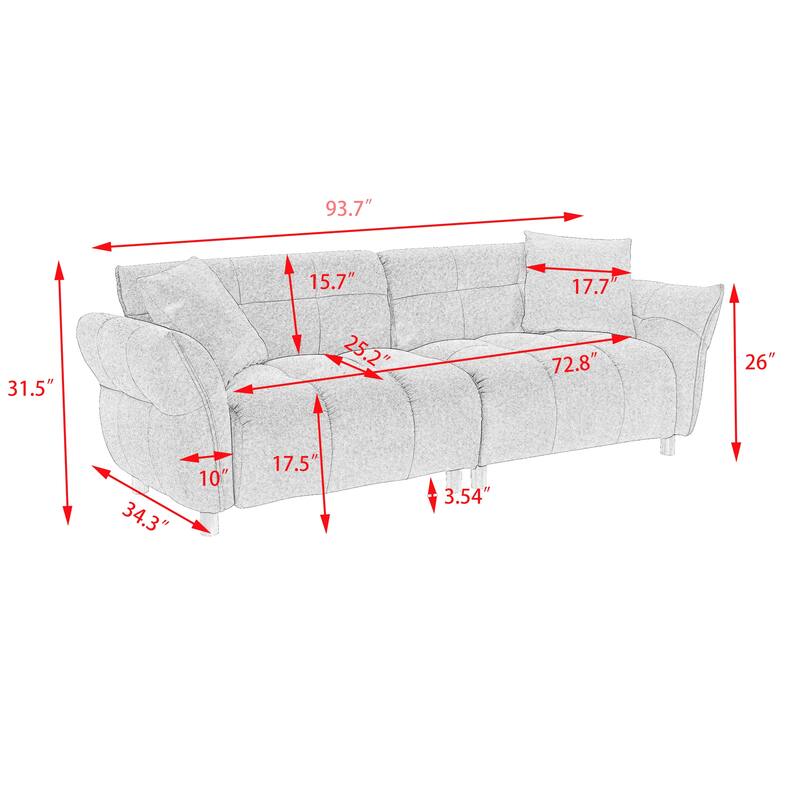 93.70 inches long, Teddy Sofa Fabric,with two matching pillows and three spacious and comfortable seats