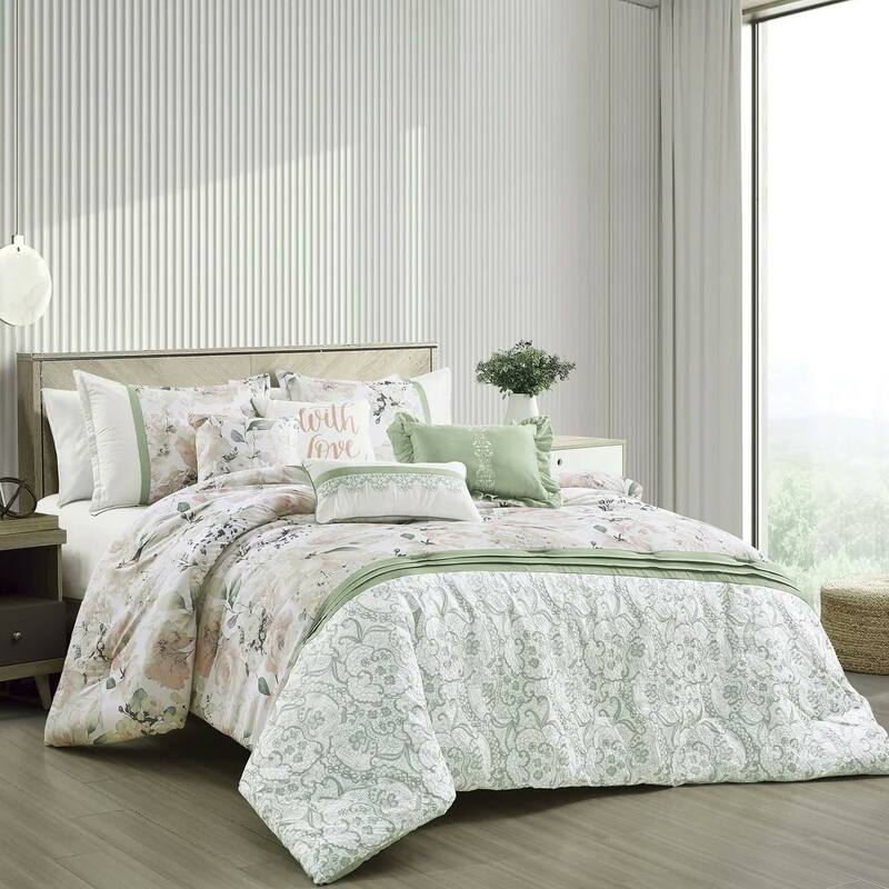7 Piece White & Green Floral Comforter Set Embroidery Soft Bedding - King