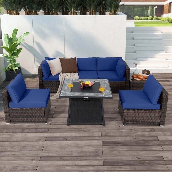 slide 2 of 10, Costway 7 PCS Patio Furniture Set with 35" Propane Gas Fire Pit Table - See Details Navy
