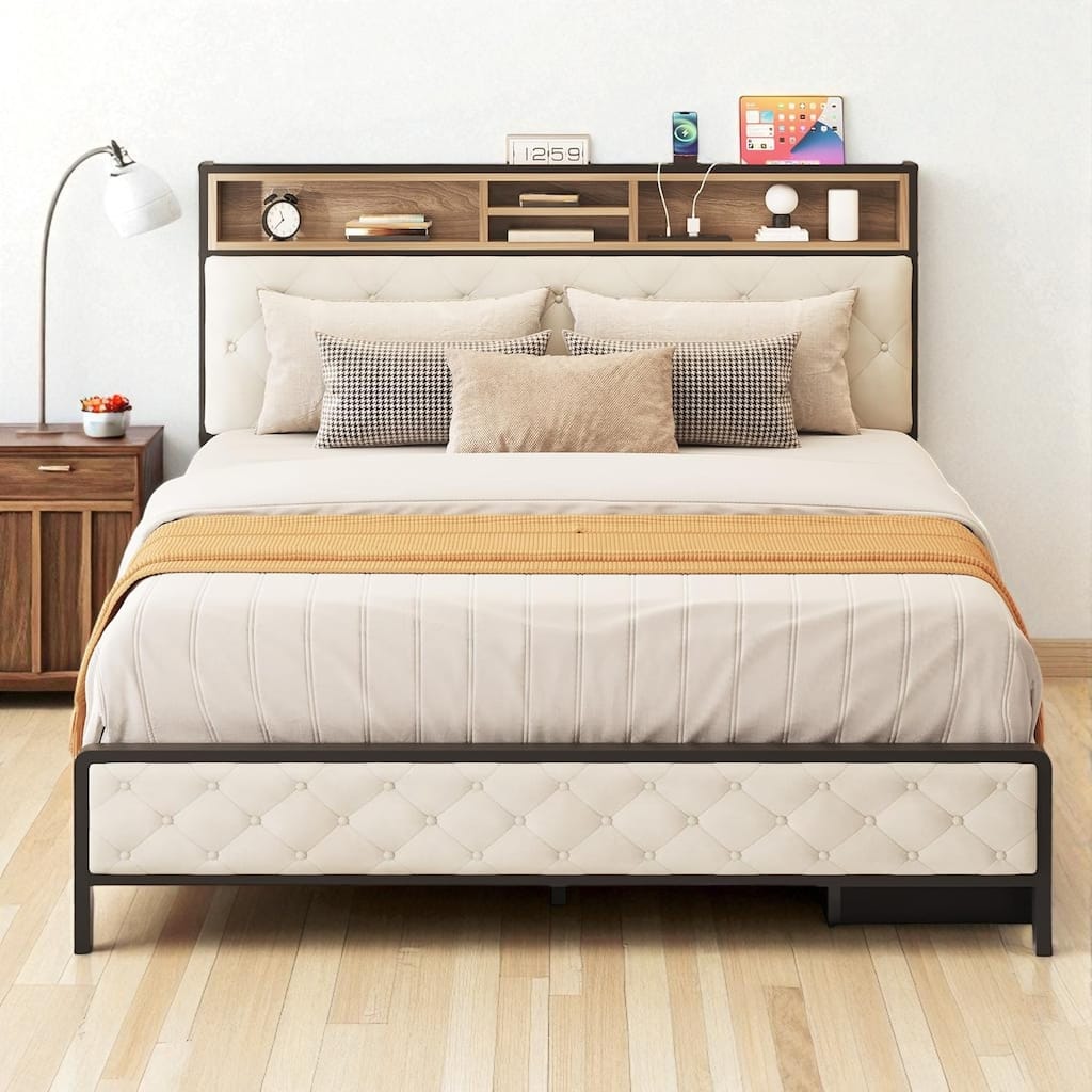 Queen/King Size Platform Bed Frame with Charging Station, Upholstered Storage Headboard & Metal Slats