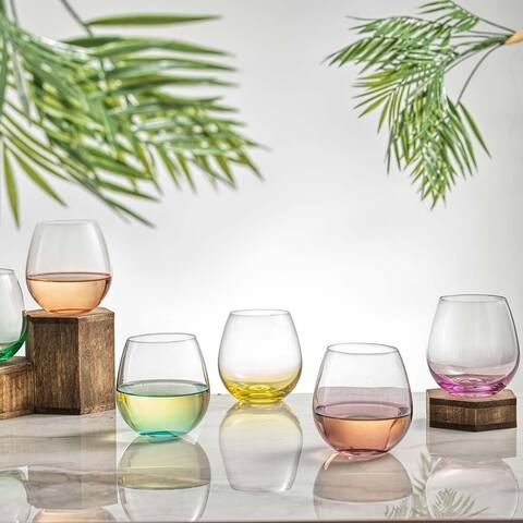 JoyJolt Hue Colored Stemless Wine Glasses - 15 oz - Set of 6