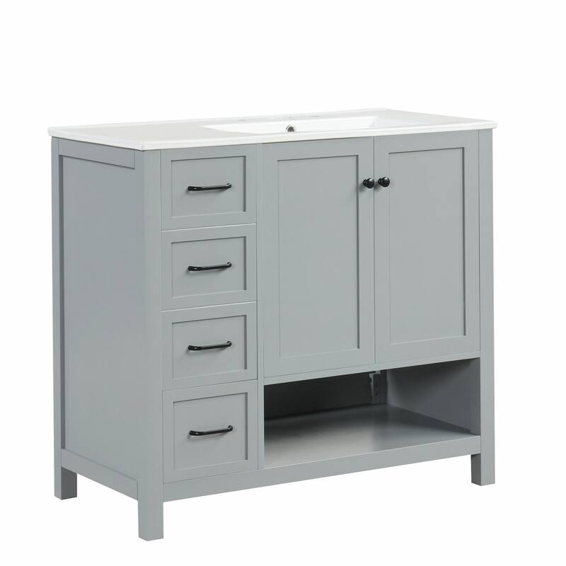36" Bathroom Vanity - Sink Top, Two Doors, Two Drawers, and Open Shelf