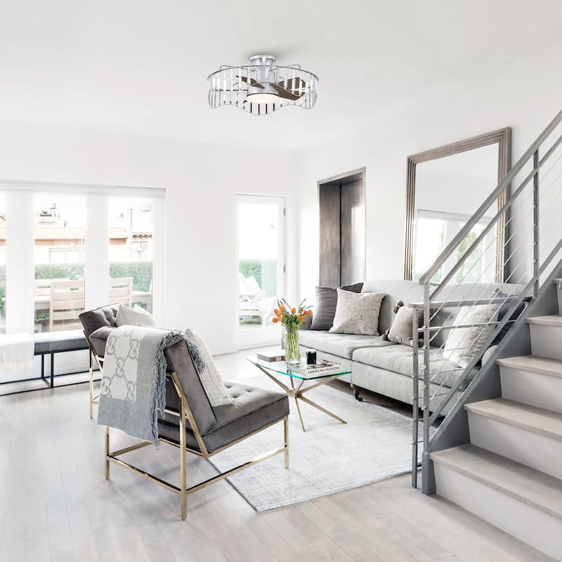 27" Modern Flush Mount Ceiling Fan Caged Crystal Fandelier Low Profile Ceiling Fan in Brushed Nicke