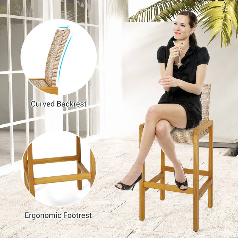 Gymax Wicker Bar Stools Set of 2 Patio Chairs w/ Solid Wood Frame