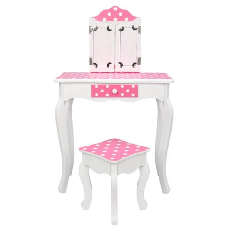 Three-Fold Mirror Single-Drawing Curved Foot Children Dressing Table Red Dots - 23.63 x 11.03 x 38.59