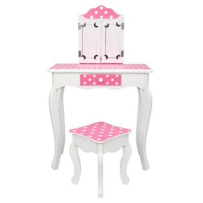 Three-Fold Mirror Single-Drawing Curved Foot Children Dressing Table Red Dots - 23.63 x 11.03 x 38.59