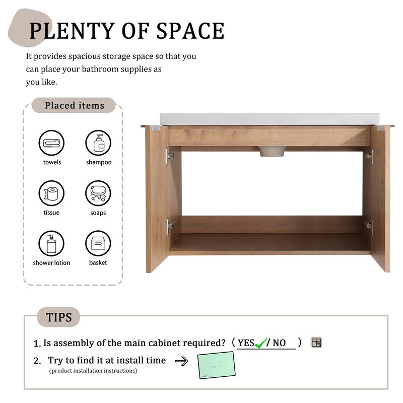 BNK 24"/30"/36" Single Sink Bathroom Vanity with Soft Close Door, Modern Floating Vanity