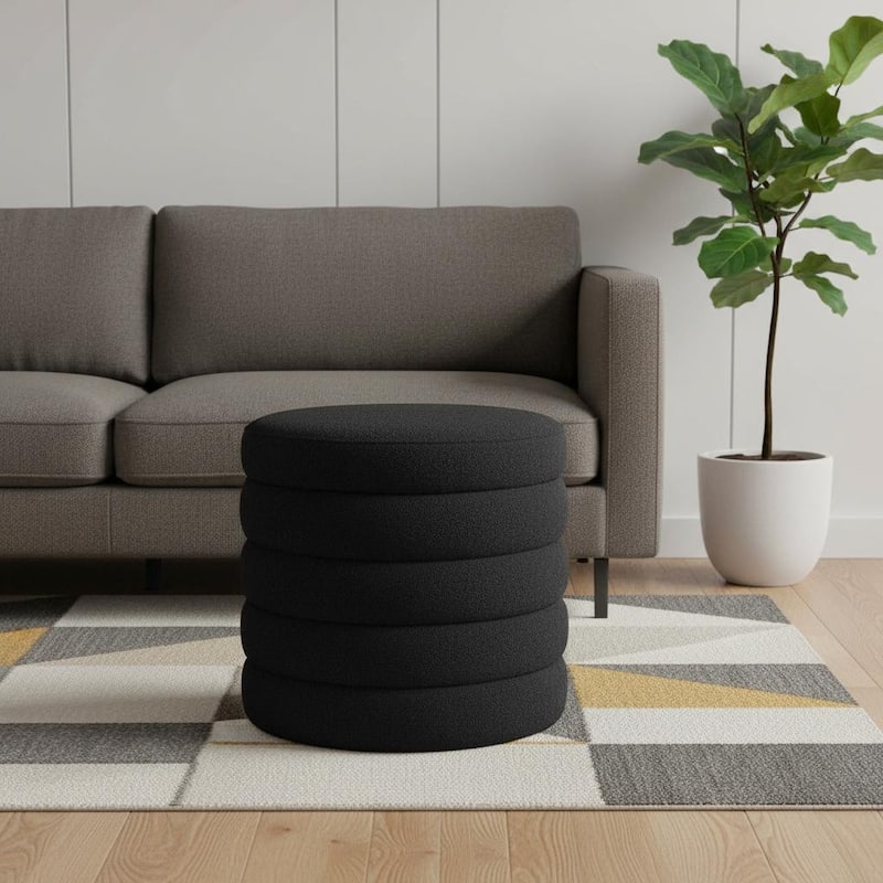 HomeRoots 19" Black Boucle Round Storage Ottoman - Black - 18.90 in. x 20.00 in. x 18.90 in.