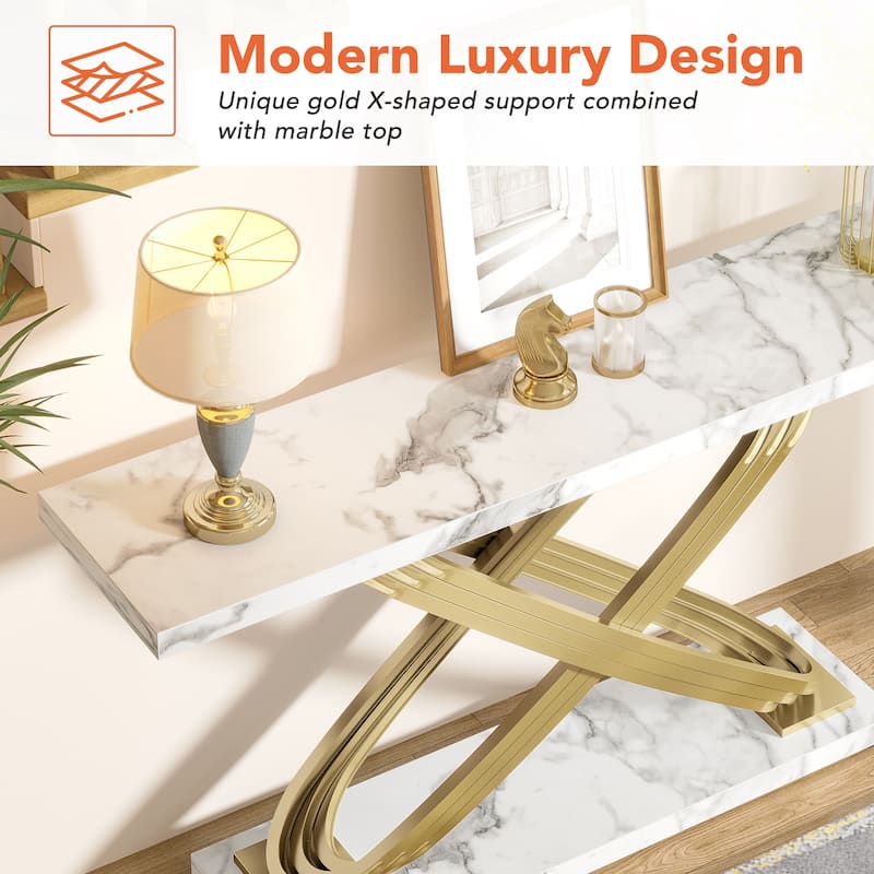 55'' Modern Faux Marble Console Table,Behind Sofa Couch, Long Sofa Table, Narrow Rectangular Entryway Table for Living Room