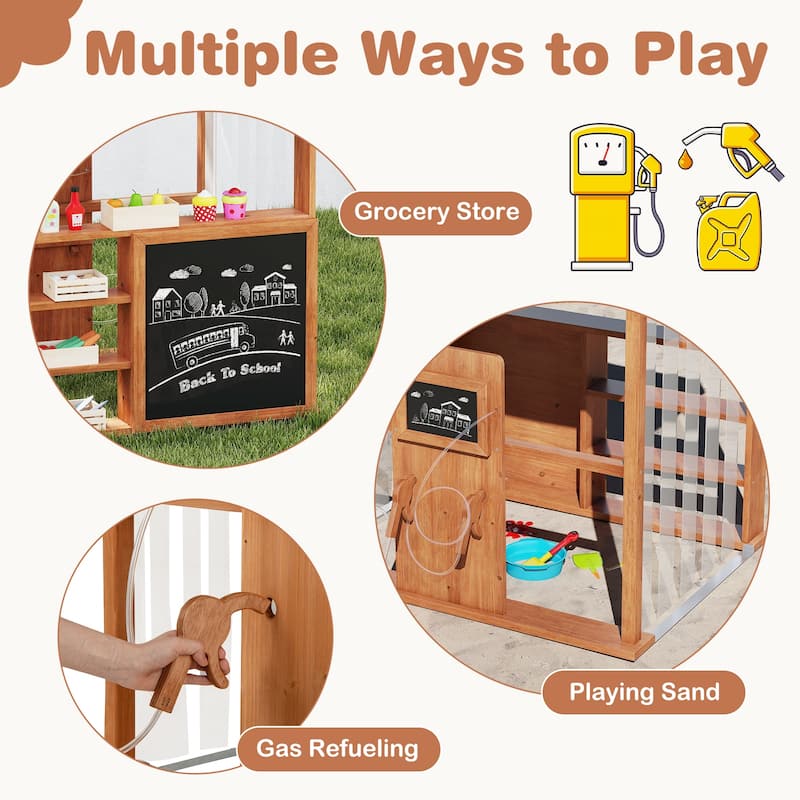 Gymax Kids Gas Station Playhouse w/ Gas Refueling Guns Chalkboards &