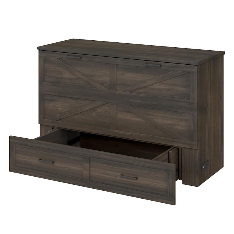 Queen Size Farmhouse Murphy Cabinet Bed with Charging Station, Foldable Platform Bed with Large Storage Drawer for Guest-Room
