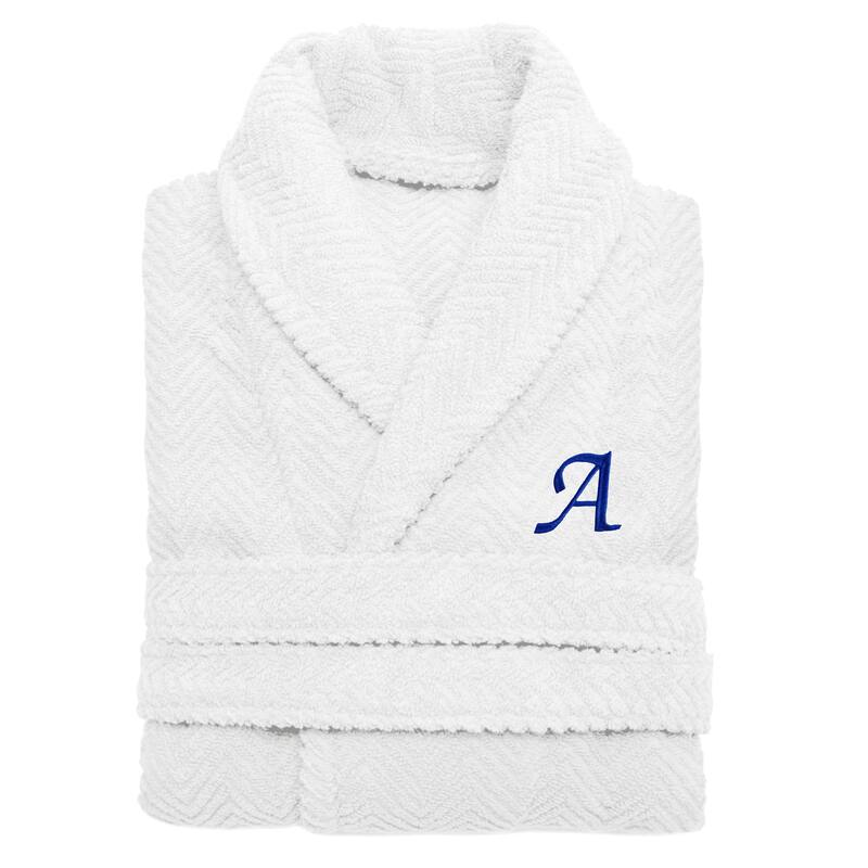 Authentic Hotel and Spa White with Royal Blue Monogrammed Herringbone Weave Turkish Cotton Unisex Bath Robe - S/M - A