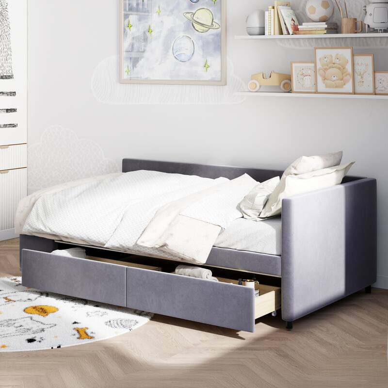 Twin Size Velvet Upholstered Daybed with Built-In Side Storage and 2 Drawers, L Shaped Corner Platform Sofa Bed Frame