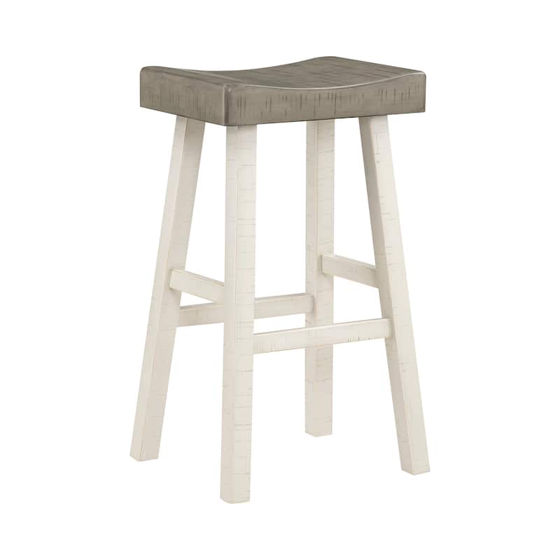 Casy 30 Inch Bar Height Stool, Gray Saddle Seat, White Rubberwood Frame
